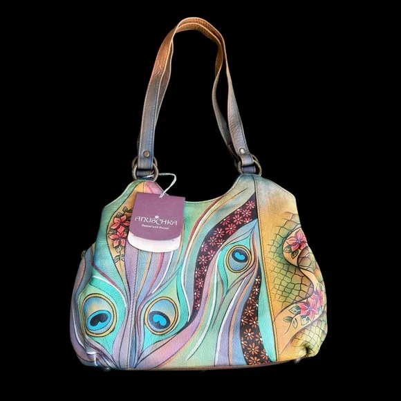 Anuschka Pastel Peacock Shoulder Bag multi pocket with 2 attached pouches NEW - Picture 7 of 11